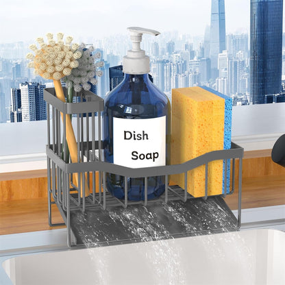 Maifan Sink Caddy Sponge Holder for Kitchen with Brush Holder and Stainless Steel Self Drain Tray, Rustproof Kitchen Sink Organizer for Sponge, Soap Dispenser Storage Accessories (Lacquer Silver)