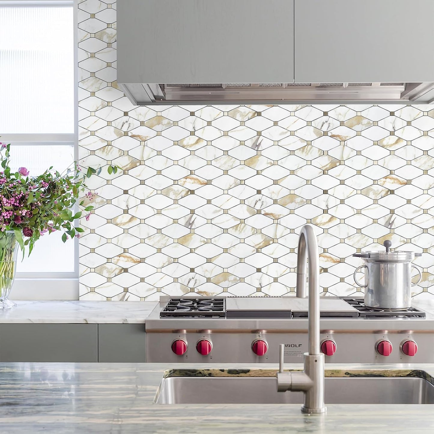 STICKGOO 10 Sheets Peel and Stick Backsplash, Polished Dolomite PVC Mixed Metal Gold Kitchen Backsplash, Stick on Backsplash Wall Tiles for Kitchen, Bathroom, RV