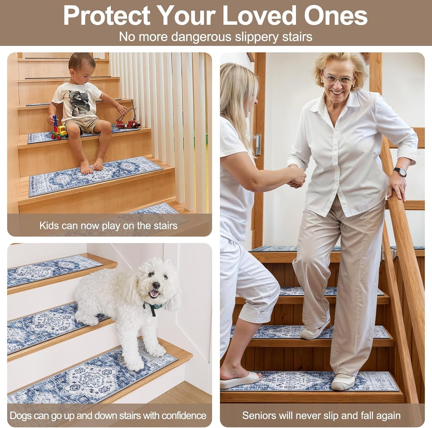 OJIA Stair Treads Non Slip for Wooden Steps Indoor 15PCS Carpet Stair Treads, Rubber Backing Stair Carpet Treads, Residue Free 8"x30" Staircase Step Treads Edging Stair Rugs for Kids & Pets, Gray