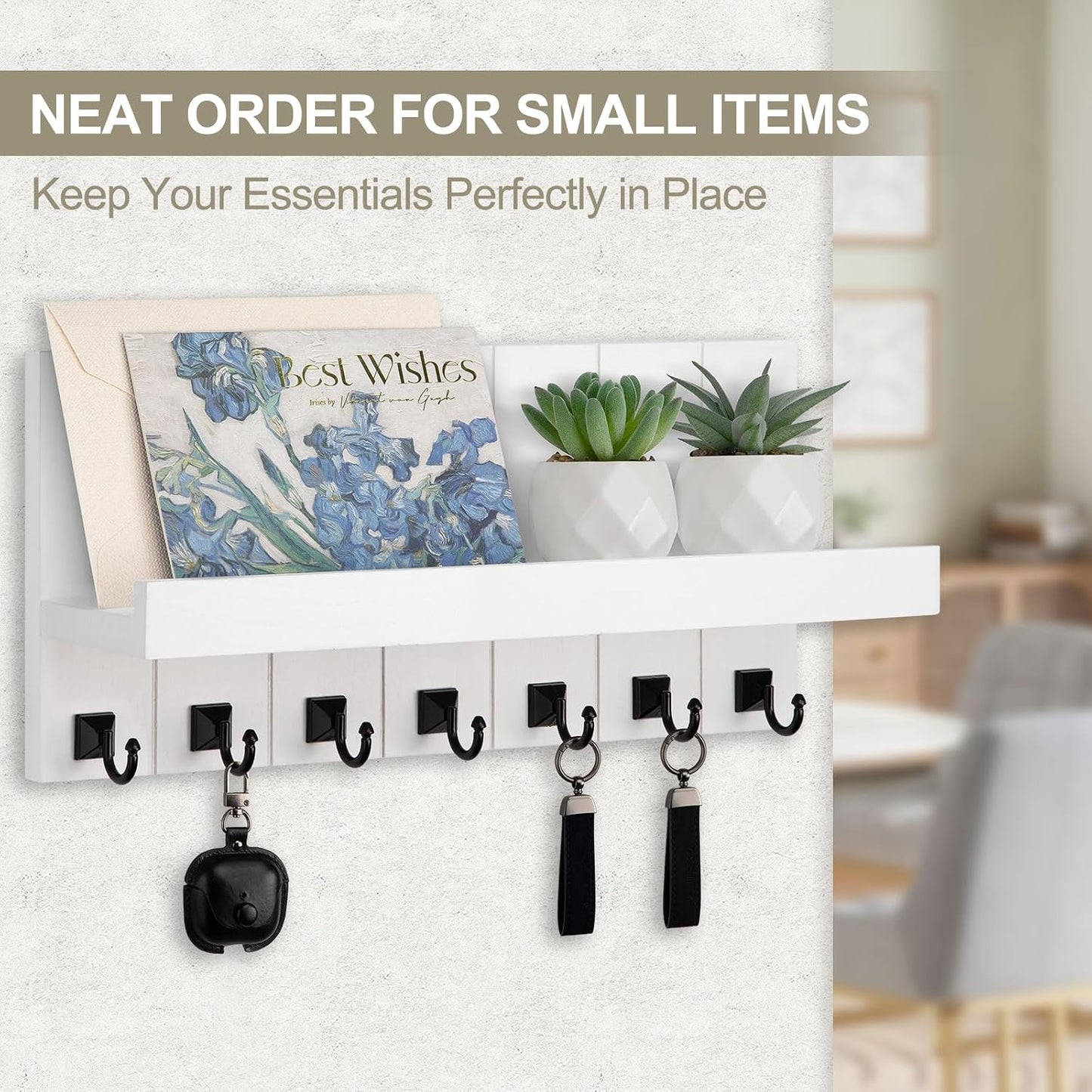 Key Holder for Wall, Decorative Key Holder with Shelf, Key and Mail Holder Wall Mount, Farmhouse Decor with 5 Key Hooks for Keys, Coats, ect.