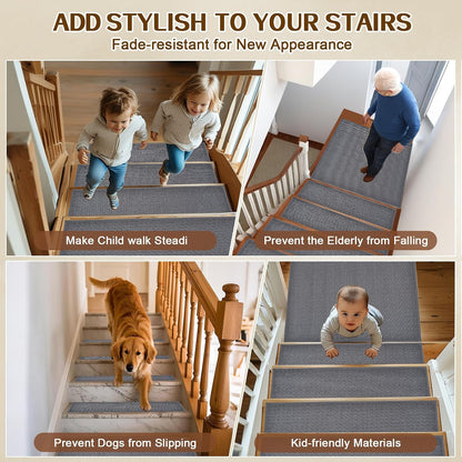 Stair Treads Non Slip, Rubber Backing Stair Treads for Wooden Steps, 15 PCS Thicken Linen Carpet Stair Runners Indoor for Kids Elders and Pets, No Residue Stair Carpet Treads, 8"x30", Beige