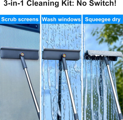 3-in-1 Window Squeegee for Home - 60" Window Cleaning Kit with 3 Microfiber Cloths & Screen Brush, All-in-1 Cleaner Tool for Outdoor Windows, Glass Door & Screens, Lightweight & Easy Storage