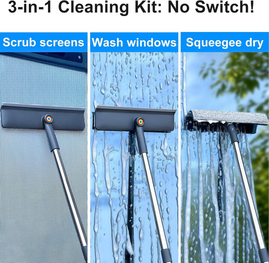 3-in-1 Window Squeegee for Home - 60" Window Cleaning Kit with 3 Microfiber Cloths & Screen Brush, All-in-1 Cleaner Tool for Outdoor Windows, Glass Door & Screens, Lightweight & Easy Storage