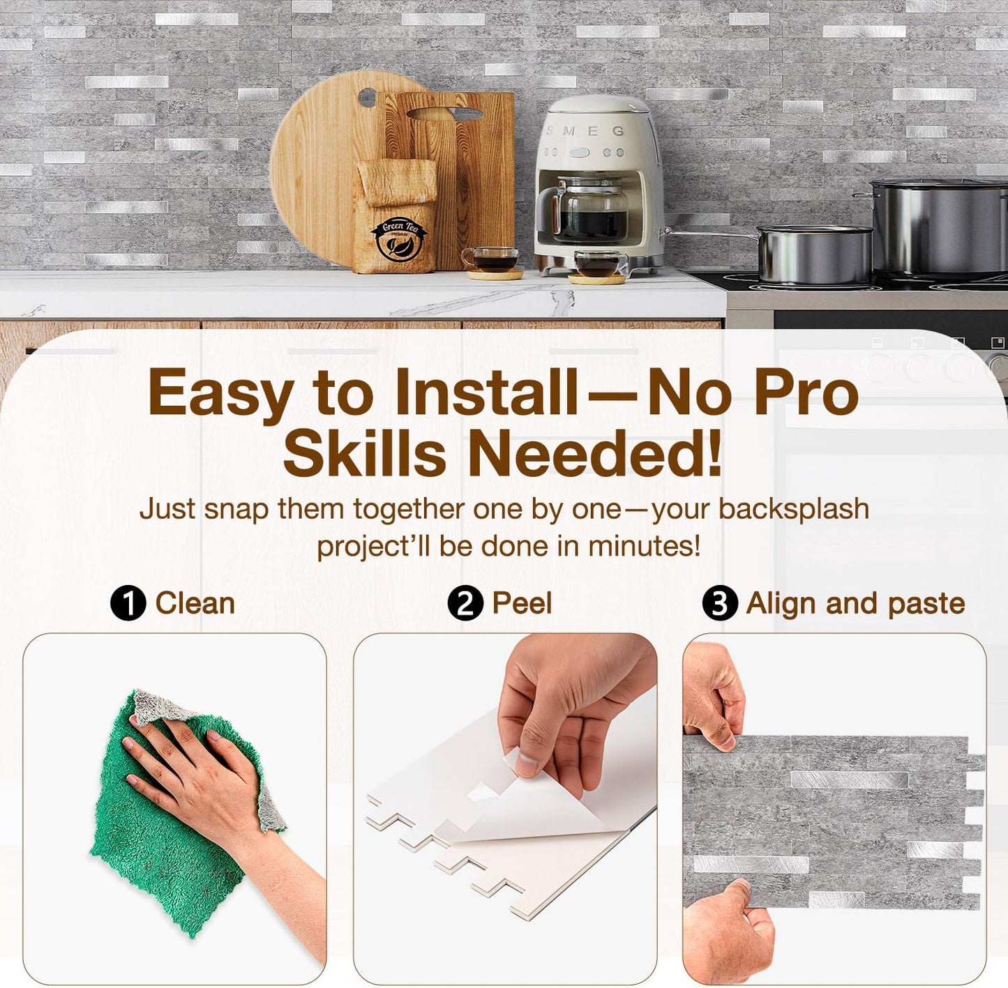 Peel and Stick Backsplash Tile Waterproof Removable PVC Wall Sticker 3D Faux Stone Marble Brick White Accent Panels (White Marble - Metal Silver, 20 Tiles - 9 sq. ft. (0.84 M²))