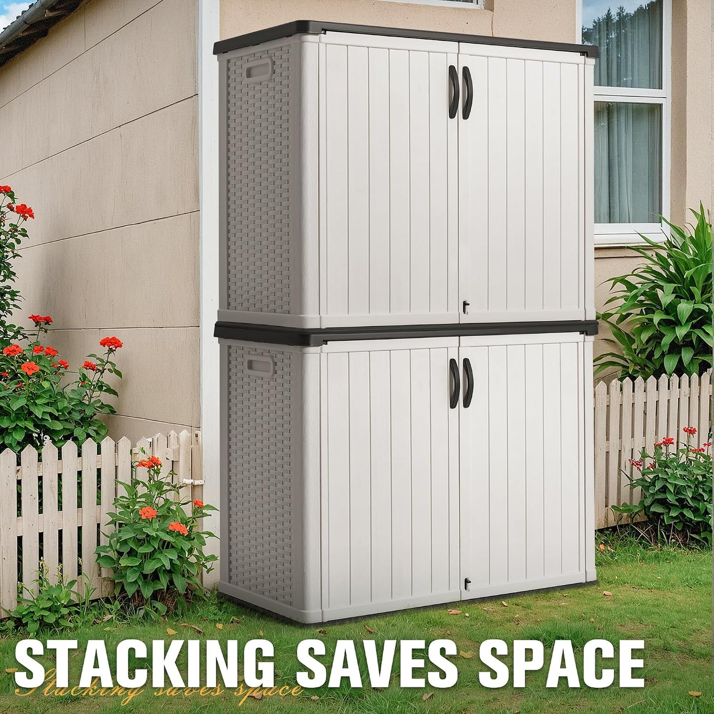 Greesum Outdoor Storage Cabinet, 26 CUFT Deck Box Without Shelves, Waterproof Plastic Storage Shed for Patio Cushions, Gardening Tools, Lockable and Sidehandles, UV Resistant, Beige