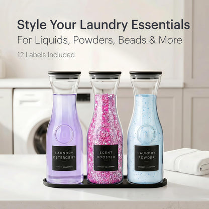 3 Pack Glass Laundry Detergent Containers with Bamboo Tray, 34OZ Liquid Laundry Soap Dispenser with 12 Labels, Silicone-Sealed Lids for Detergent, Scent Booster & Powder, Laundry Room Organization
