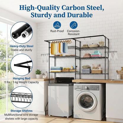 Over the Washer and Dryer Storage Shelf, 6-Tier Laundry Room Organizer with Hanging Rod & Hooks, Adjustable Heavy Duty Carbon Steel Space Saver Rack, Fits Most Washers and Dryers, Black (White)