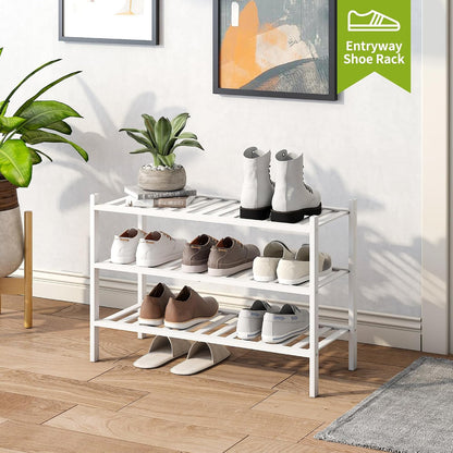 BMOSU 2-Tier Bamboo Small Shoe Rack Premium Stackable Shoe Shelf Storage Organizer for Hallway Closet Living Room Entryway Organizer (Black Bamboo)