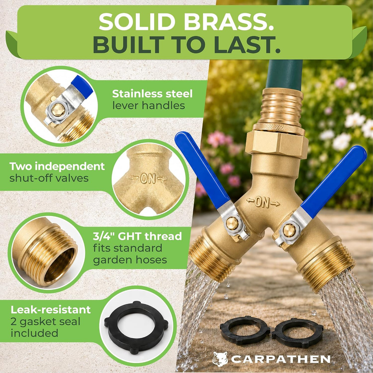 CARPATHEN Brass Hose Splitter 2 Way Heavy Duty - Solid Brass Garden Hose Splitter, Y Valve Water Connector with Long Handles, Full Flow 3/4 Inch GHT Thread for Outdoor Faucet and Spigot, Leak-Proof
