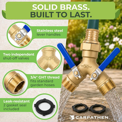 CARPATHEN Brass Hose Splitter 2 Way Heavy Duty - Solid Brass Garden Hose Splitter, Y Valve Water Connector with Long Handles, Full Flow 3/4 Inch GHT Thread for Outdoor Faucet and Spigot, Leak-Proof