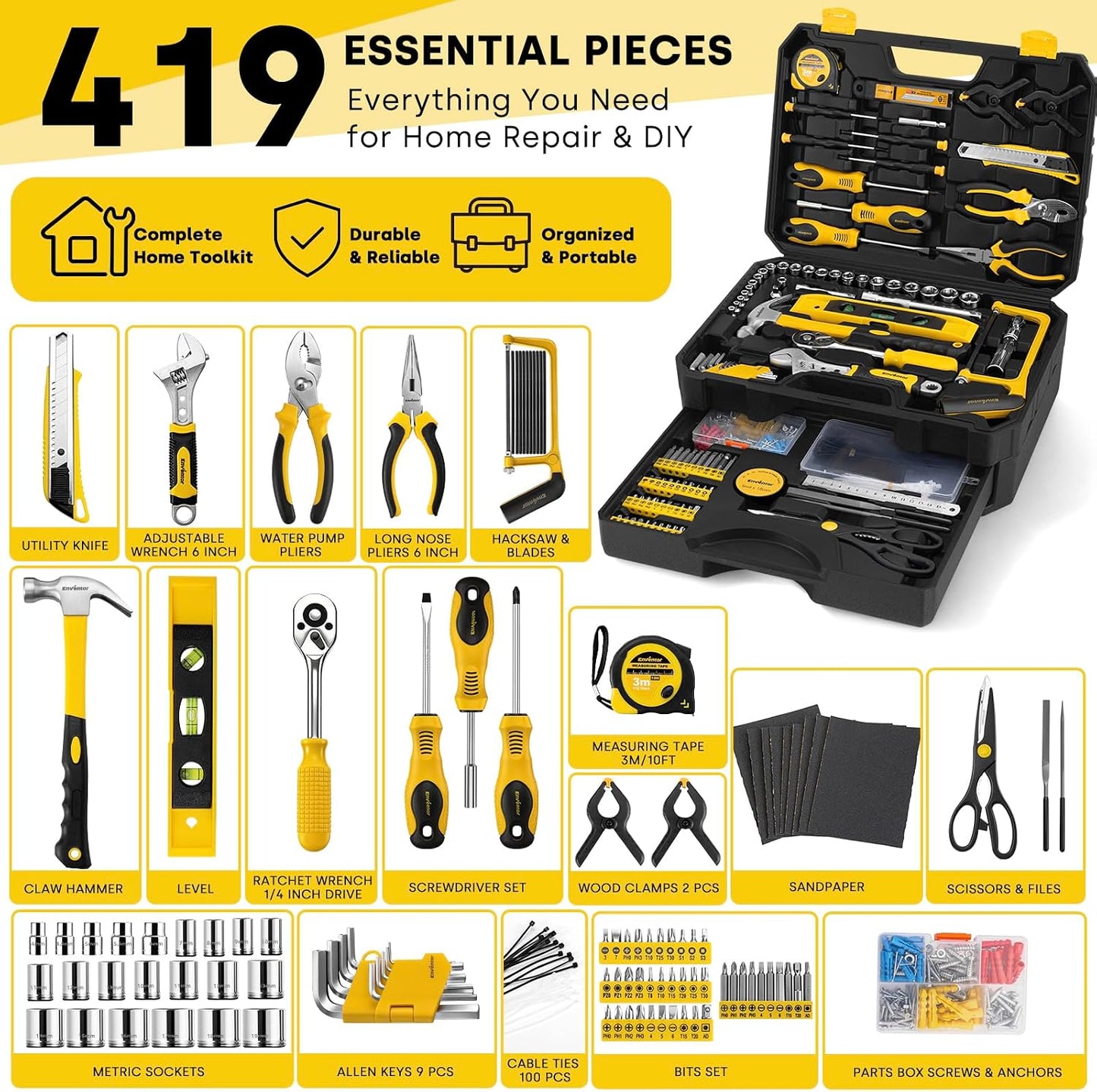 Enventor 419 PCS Home Tool Kit for DIY Repair, Home Maintenance with Drawer | General Home Auto Repair Tool Set Toolbox 3-Layer Organized Storage for Handyman, Homeowner