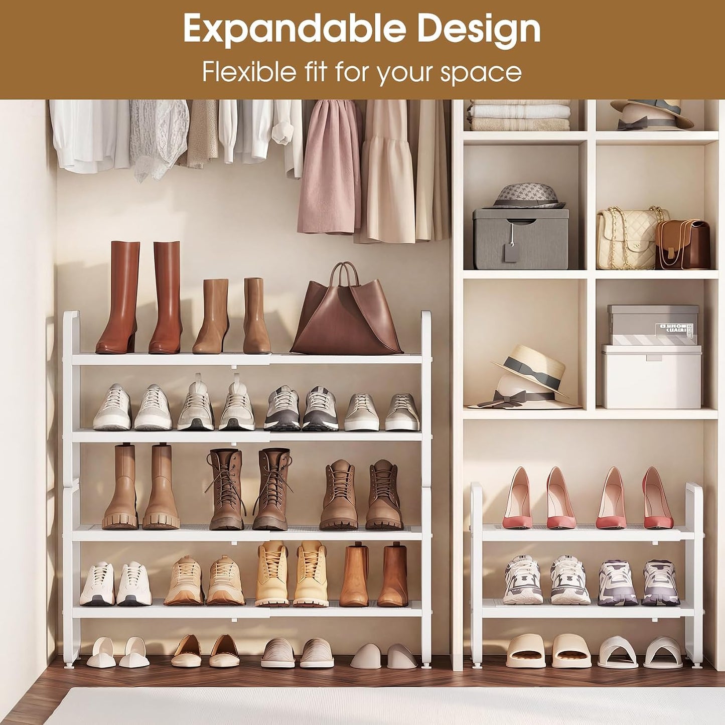 SAYZH Expandable Shoe Rack for Closet, Adjustable Metal Shoe Organizer with Sturdy Mesh Shelves for Boots & Heels, Stackable Shoe Storage for Entryway, Garage, Small Spaces (Black, 2-Tier)