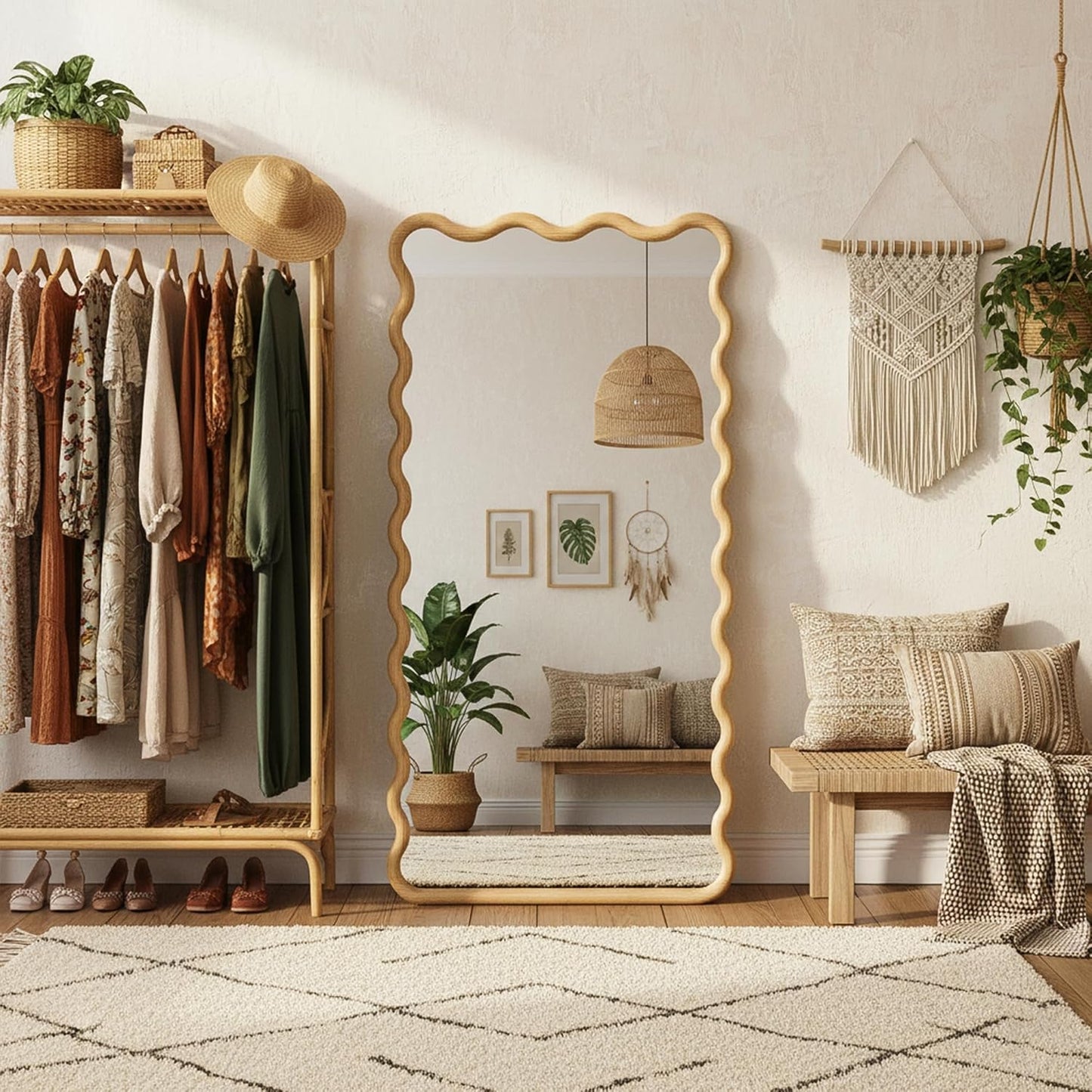 Full Length Mirror, 55"x28" Boho Wavy Wood Floor Mirror, for Bathroom, Bedroom, Living Room, Cloakroom, Entryway