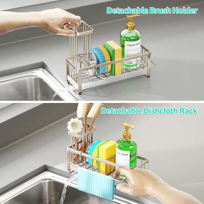 HapiRm Sponge Holder for Kitchen Sink - Self-draining Sink Caddy with Brush and Dishcloth Holders, Stainless Steel Kitchen Countertop Organizers and Storage Essentials - Black