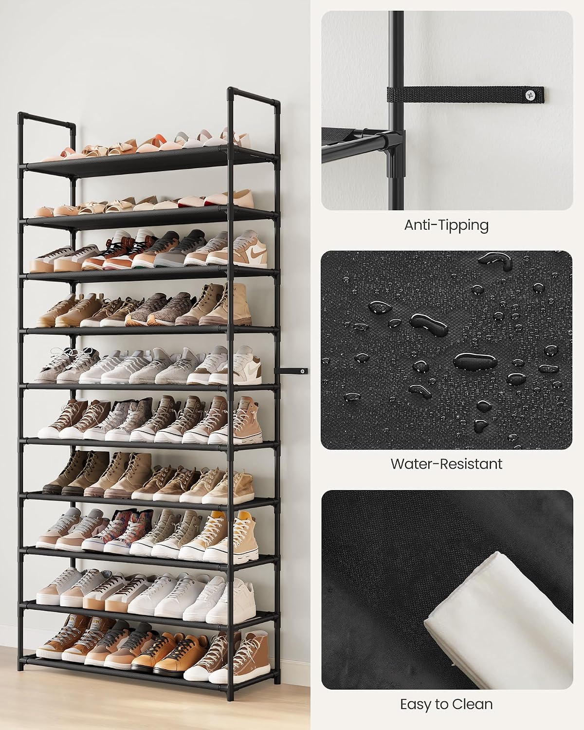 SONGMICS Shoe Rack, 10-Tier Shoe Shelf, Shoe Storage Organizer, 11 x 17.7 x 68 Inches, Metal Frame, Non-Woven Fabric Shelves, for Entryway, Bedroom, Black ULSH010B02