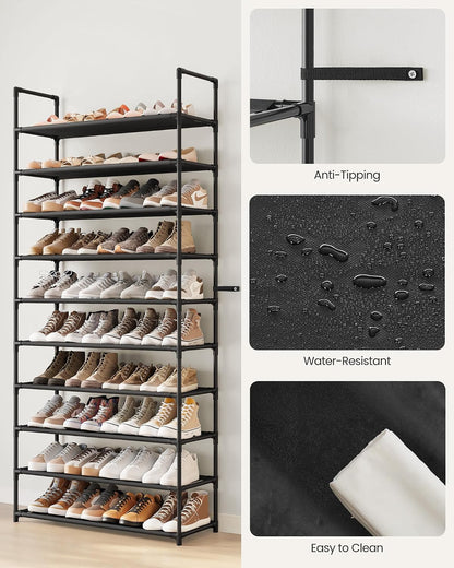 SONGMICS Shoe Rack, 10-Tier Shoe Shelf, Shoe Storage Organizer, 11 x 17.7 x 68 Inches, Metal Frame, Non-Woven Fabric Shelves, for Entryway, Bedroom, Black ULSH010B02
