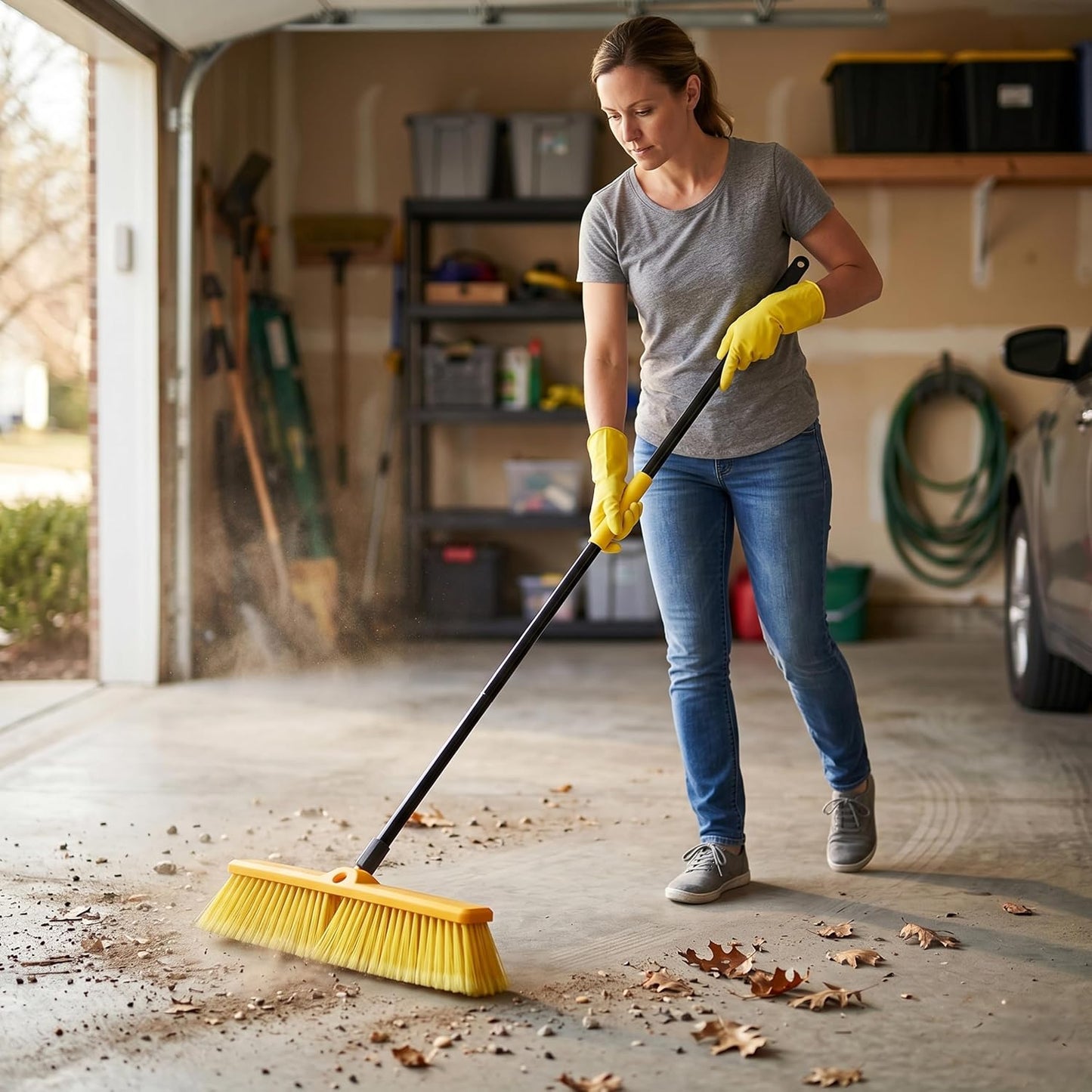 KLEEN HANDLER 24" Heavy Duty Push Broom with 61" Long Extendable Metal Handle with Threaded Plastic Screw for Deck Driveway Garage Yard Patio Warehouse Hard Floor Cleaning
