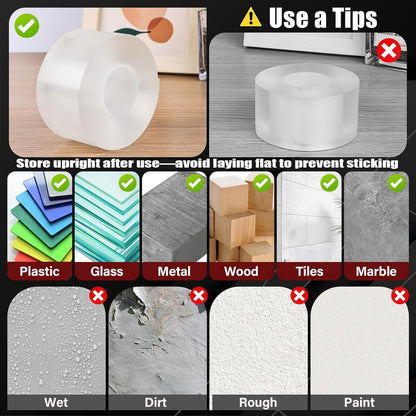 2In x 10Ft Heavy Duty Double Sided Tape, Removable Nano Tape, Transparent Multipurpose Mounting Tape for Home and Office