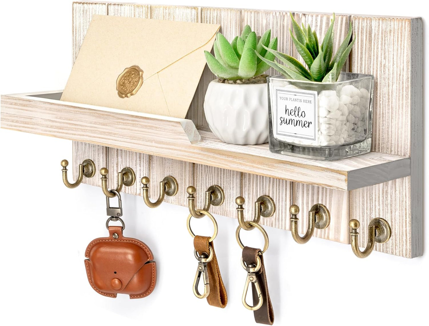 Rebee Vision Decorative Key Holder Wall Mount - Rustic Key Holder for Wall with Shelf and Mail Organizer for Living Room Decor - Home Essentials for Home Improvement (Brown, 3.54" x 10" x 7.28")