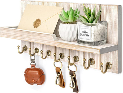 Rebee Vision Decorative Key Holder Wall Mount - Rustic Key Holder for Wall with Shelf and Mail Organizer for Living Room Decor - Home Essentials for Home Improvement (Brown, 3.54" x 10" x 7.28")