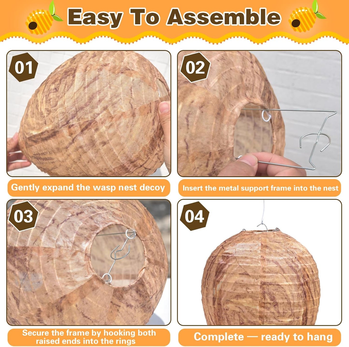 Fake Wasp Nest 4 Pack, Upgraded Waterproof Wasp Nest Decoy for Outdoor Hanging with Stainless Steel Frame, Realistic Artificial Hornet Nests for Patio, Porch, Eaves, Garden, House, Yellow