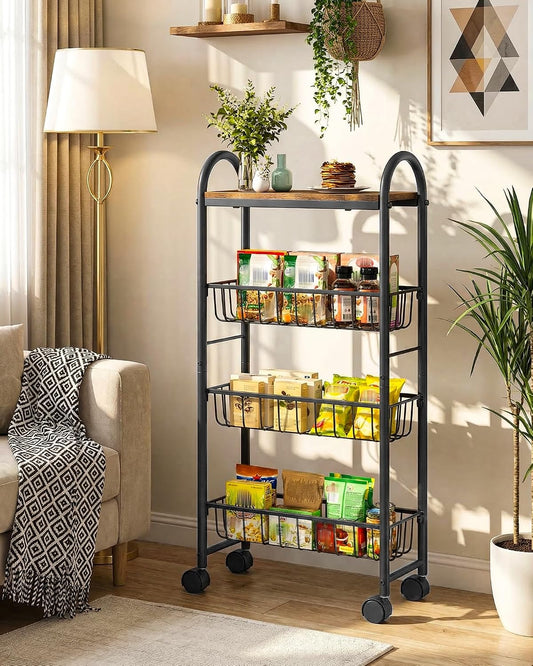 CHOEZON Slim Storage Cart, Storage Shelf on Wheels, Storage Rack with Pull-Out Baskets, Movable Cart with Handles, for Kitchen, Laundry Room, Living Room, Black and Rustic Brown TTC05BF