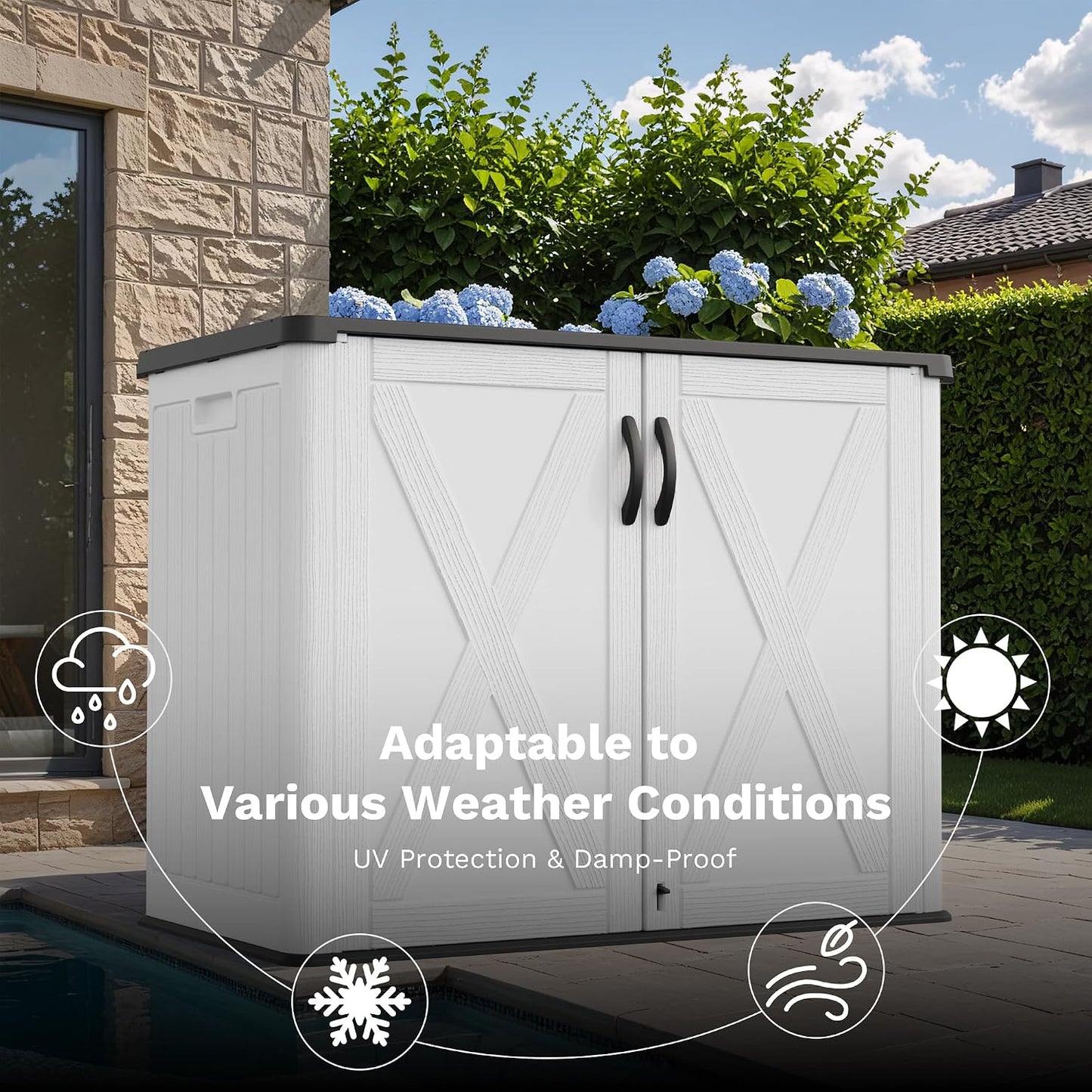 Greesum Outdoor Storage Cabinet, 26 CUFT Deck Box Without Shelves, Waterproof Plastic Storage Shed for Patio Cushions, Gardening Tools, Lockable and Sidehandles, UV Resistant, Beige