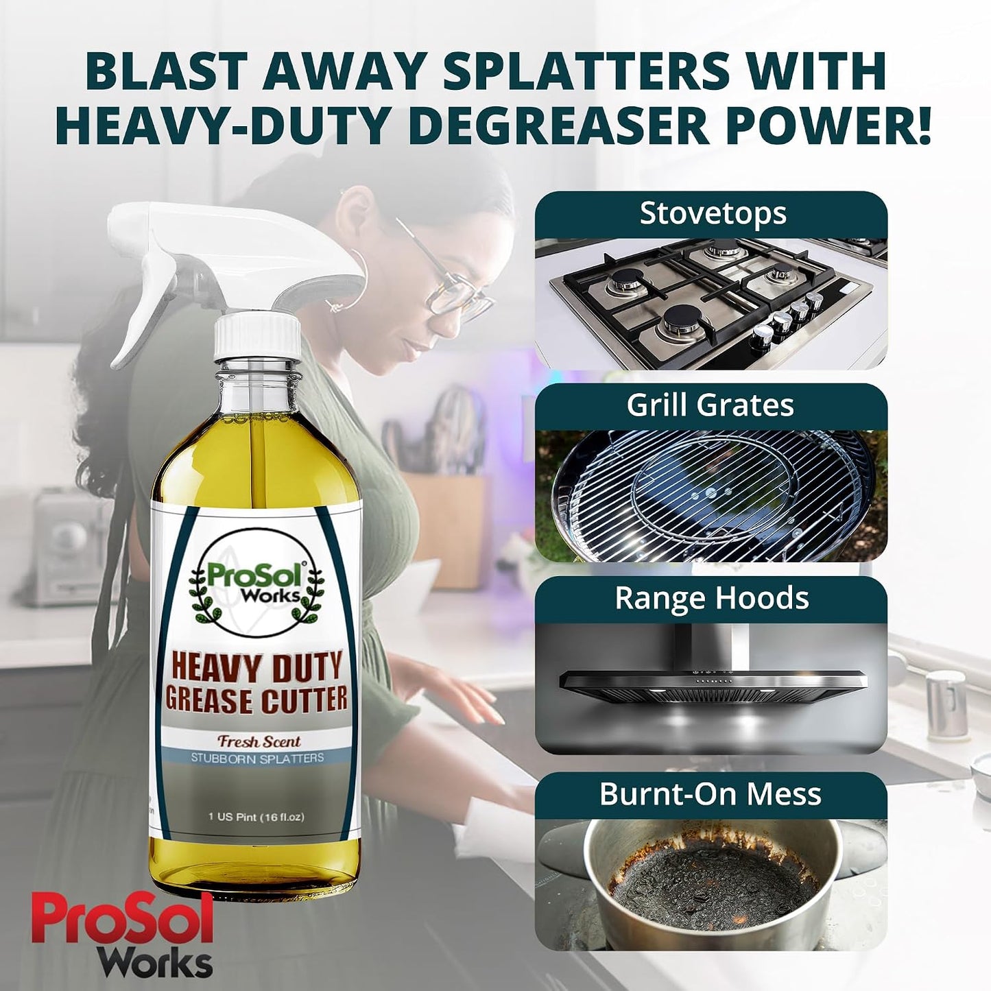 Degreaser Cleaner Heavy Duty Cleaning Spray 16 oz - Kitchen Cleaner for Stubborn Splatters, Stove Top, Grill, Drip Pans, & Oven Cleaner - Safe on All Surfaces - Fresh Scent