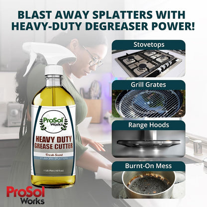 Degreaser Cleaner Heavy Duty Cleaning Spray 16 oz - Kitchen Cleaner for Stubborn Splatters, Stove Top, Grill, Drip Pans, & Oven Cleaner - Safe on All Surfaces - Fresh Scent