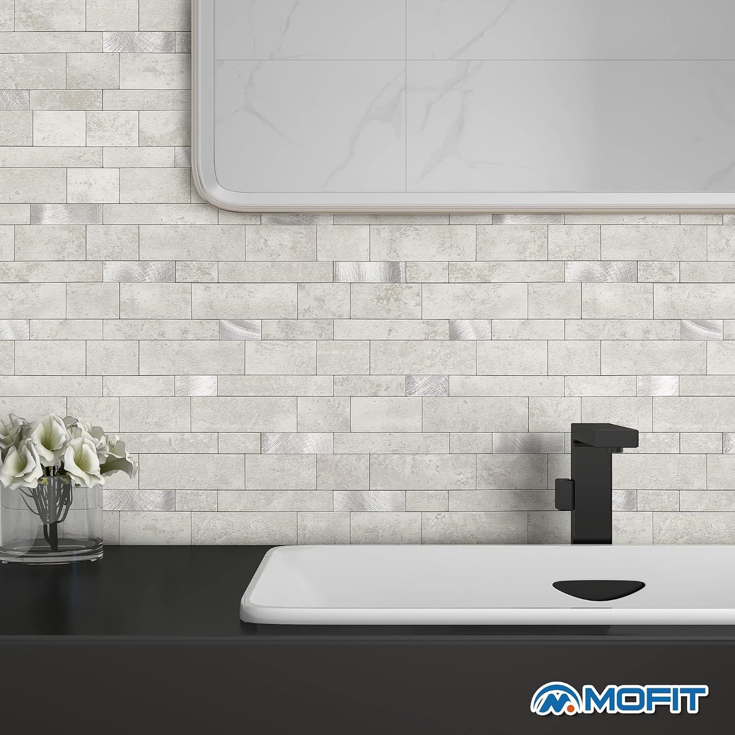 MOFIT Backsplash Tile for Kitchen Peel and Stick Stone Matte Finish,Bathroom Tiles Stickers 3D Wall Panel Linear Mosaic Marble Backsplash Waterproof(10sheets,Blue Green Gray)