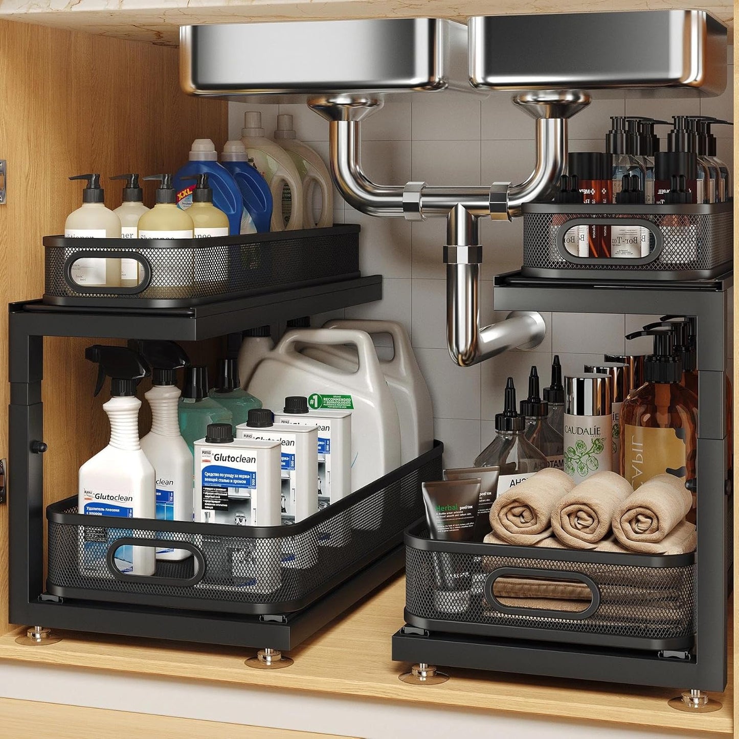 2-Pack Under Sink Storage Organizer with 2-Tier Slide Out Drawer, Sophisticated Mesh Pull Out Shelf for Kitchen & Bathroom, Fits Small Items, Upgraded Arched Track for Smooth Gliding(Patented)