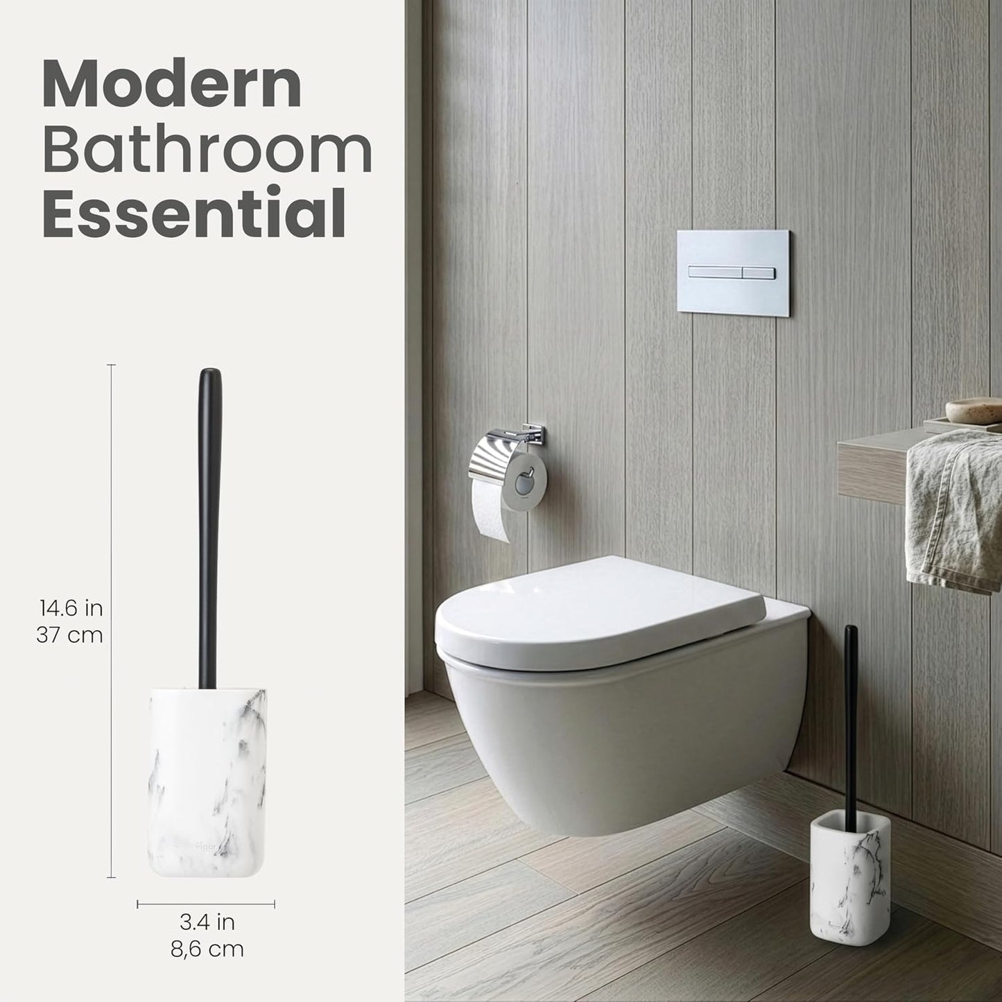 Vigar Zense Toilet Brush and Holder Set - Toilet Bowl Brush and Holder, Polyresin Stone Bathroom Accessory, Compact Toilet Cleaner Brush for Bathroom Decor and Toilet Accessories Set - White Marble