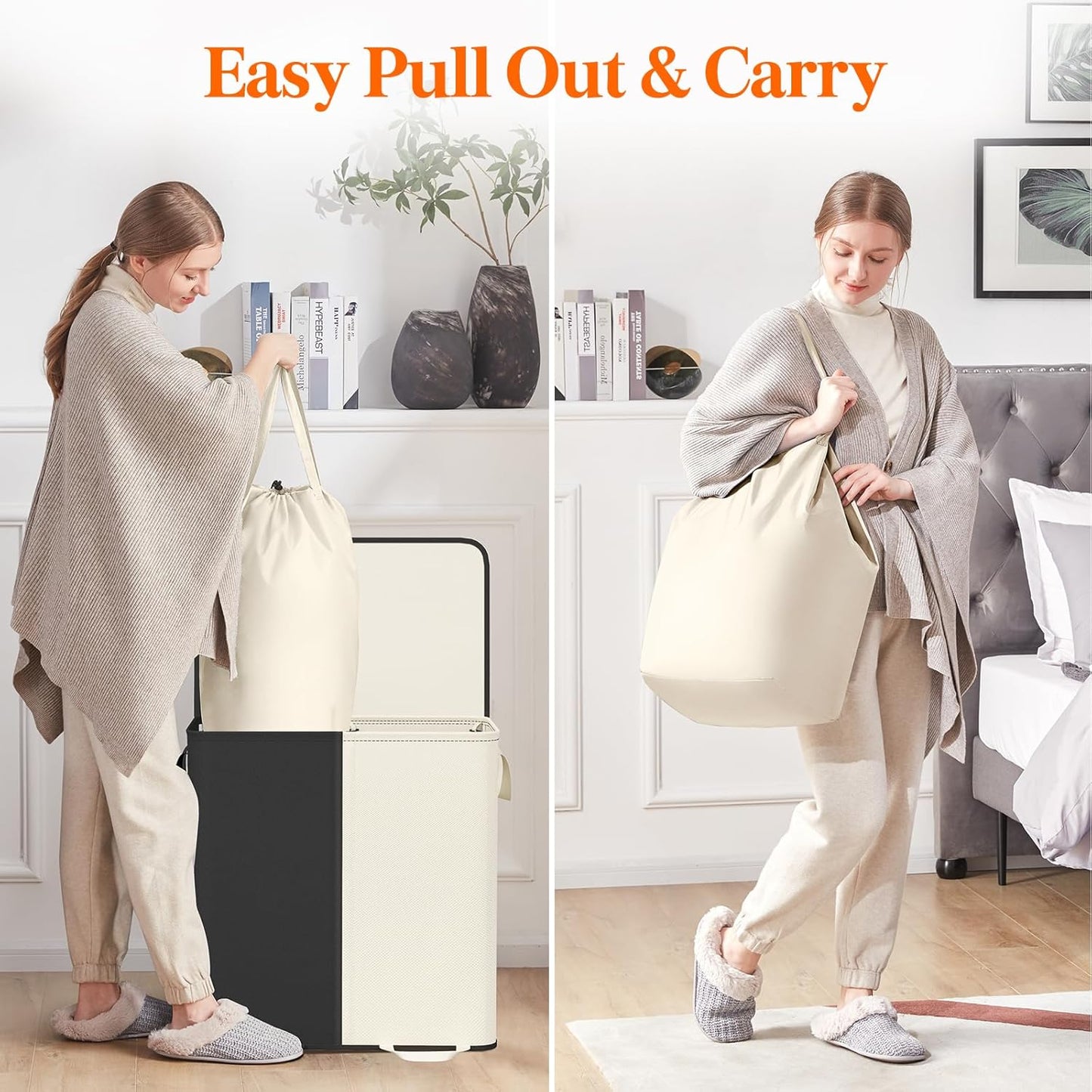 Lifewit Double Laundry Hamper with Lid and Removable Laundry Bags, Large Collapsible 2 Dividers Dirty Clothes Basket with Handles for Bedroom Laundry Room Closet Bathroom College, 136L Beige
