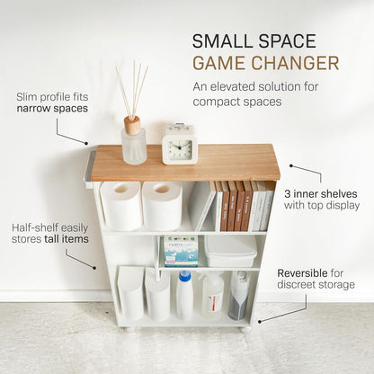 Yamazaki Home Slim Rolling Storage Cart – Narrow Bathroom Storage Cabinet With Handle, Slim Bathroom Storage Cart With Wheels, Easy Assembly, Steel + Wood, White, 27" - Steel -