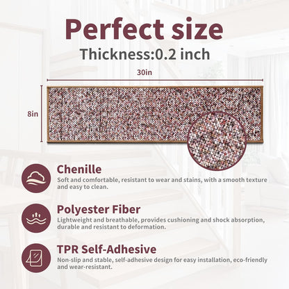 Non-Slip Carpet Stair Treads 15PCS, 8"x30" Peel and Stick Stair Runner for Wooden Steps Indoor, Washable Reusable Adhesive Backing, Pet-Friendly Safety Mats for Kids, Elders, Dogs