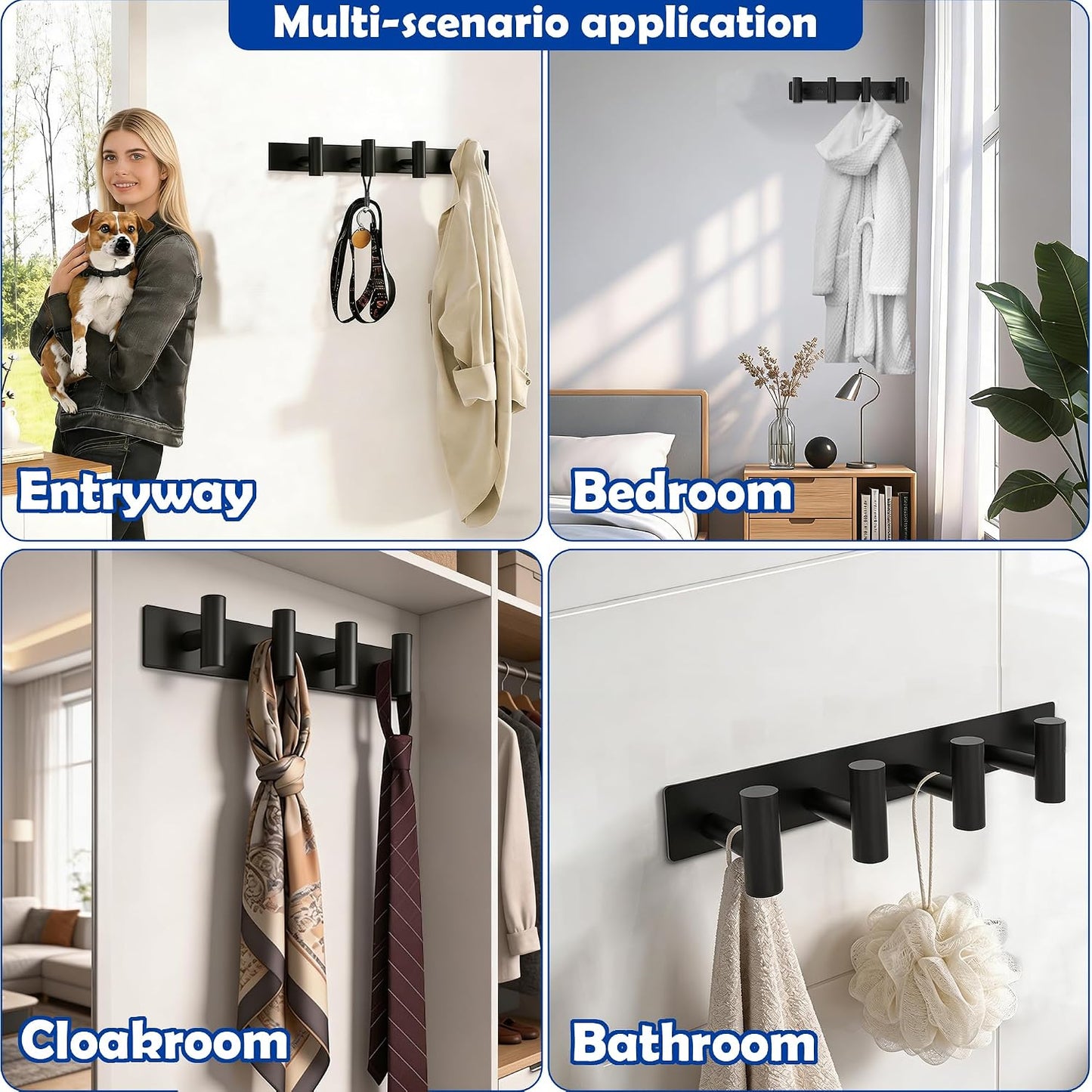 Matte Black Coat Rack Wall Mount - 6 Hooks, Heavy Duty Stainless Steel Wall Hooks for Towels, Coats, Robes, Bags, Hats, Keys, Wall Coat Hanger for Bathroom, Entryway, Kitchen, Hotel, Bedroom, Office