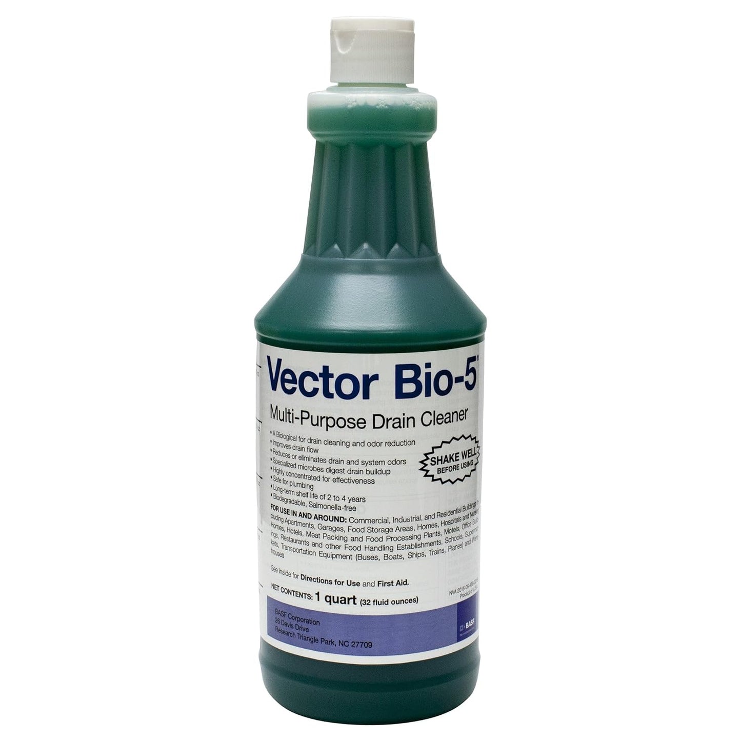 BASF Bio-5 Multi-Purpose Biological Drain Cleaner, Industrial Strength for Clogs, Organic Buildup, Odors, Improves Flow, Eliminates Gnats & Flies, Plumbing Safe, Biodegradable, 32 oz
