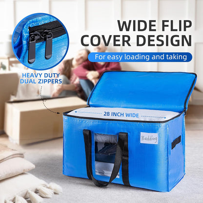 TAILI Extra Large Moving Bags, 4 Pack Blue Heavy Duty Totes For Storage with Visible Window, Wrap Around Handles, Storage Bags for Space Saving, Alternative to Moving Boxes