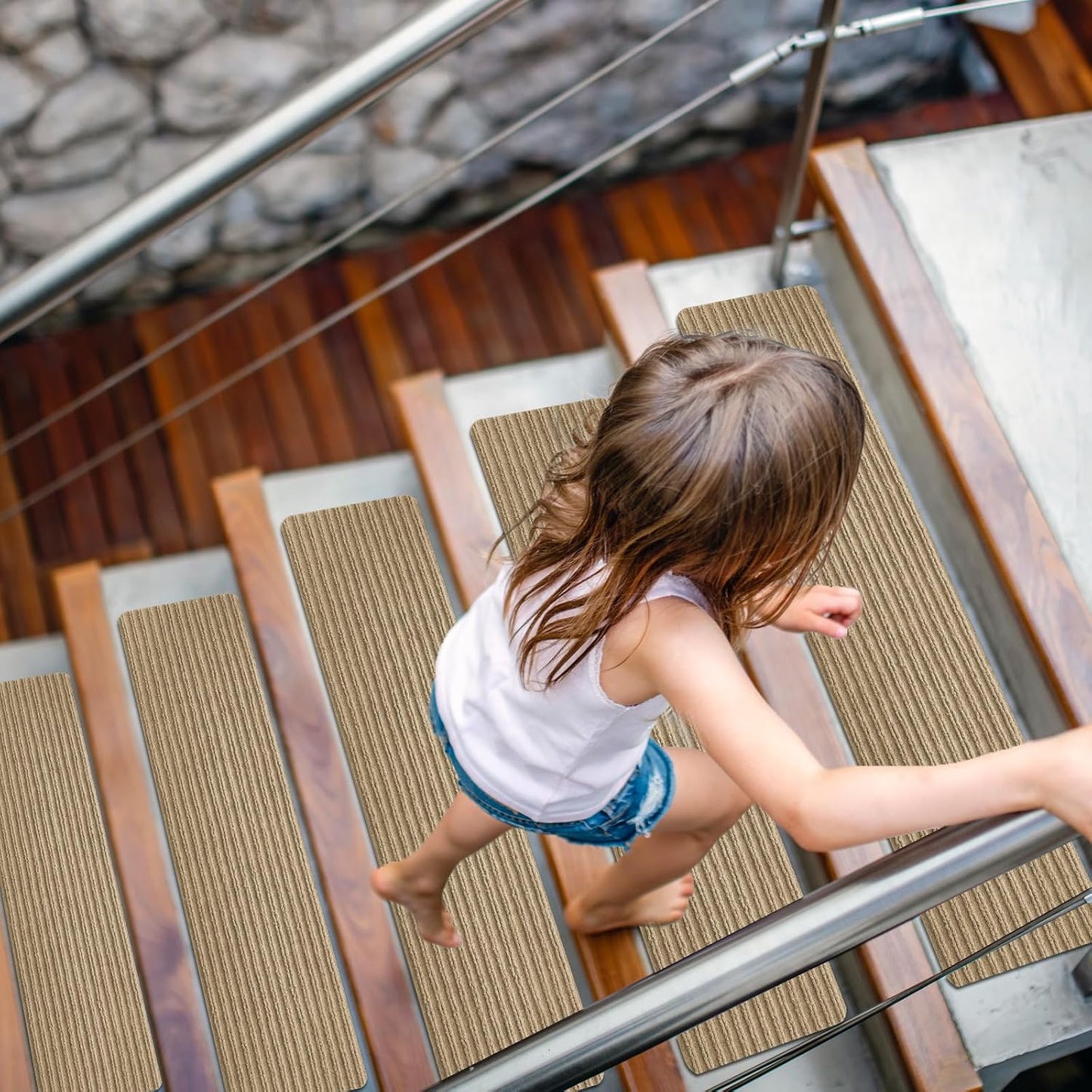 15 Pack 8 "X 30" Non-Slip Carpet Stair Treads for Indoor Wooden Steps, Made of Polyester and Reusable Adhesive, Suitable for Kids Elders and Pets（Black Lines）