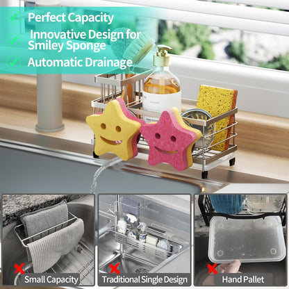 HapiRm Sponge Holder for Kitchen Sink - Self-draining Sink Caddy with Brush and Dishcloth Holders, Stainless Steel Kitchen Countertop Organizers and Storage Essentials - Black