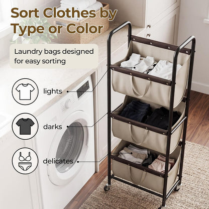 GRANNY SAYS 3 Section Tiered Laundry Sorter, Slim Vertical Laundry Hamper with Wheels, Narrow Rolling Laundry Cart with Removable Bags for Laundry Room, Bathroom, Closet, Dorm, Beige