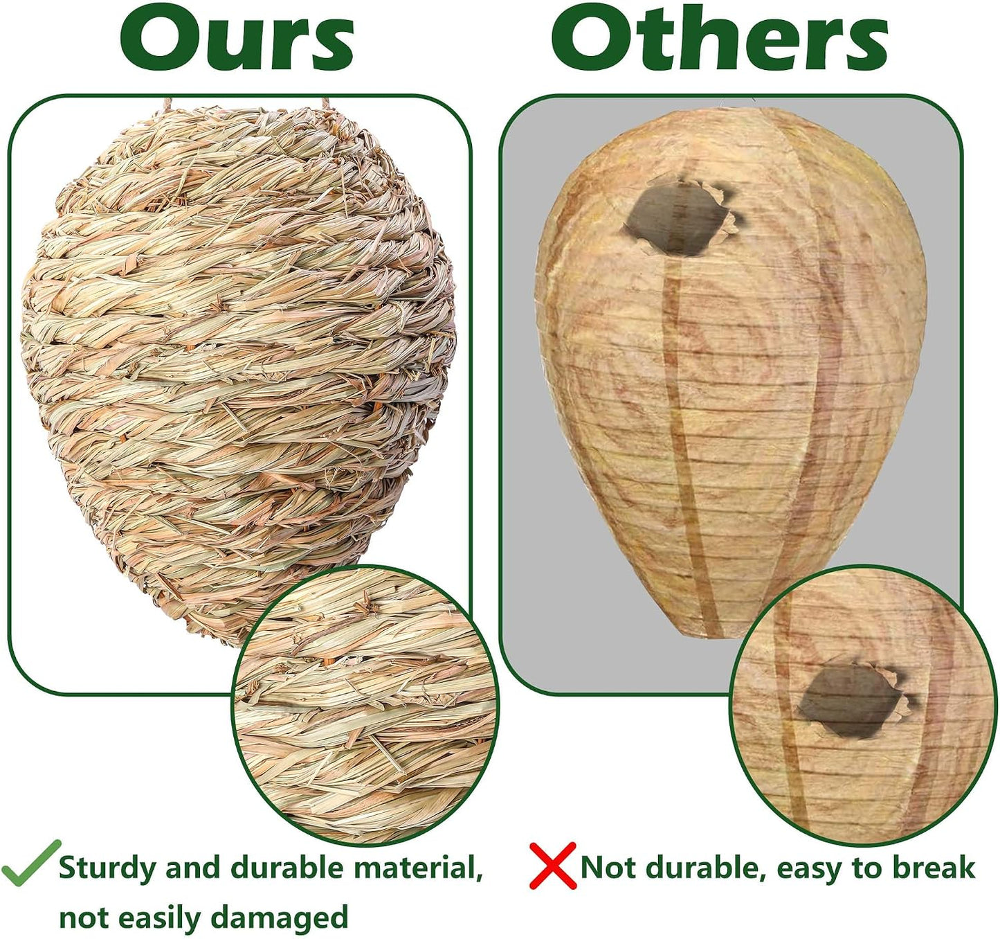 DECOHS 2 Pack Large Woven Reed Wasp Nest Decoy, 10 x 7.5 Inch Hanging Fake Wasp Nests Decoration, Faux Hornet Nest Wasps Deterrent for Outdoor Garden Yard Patio Eaves