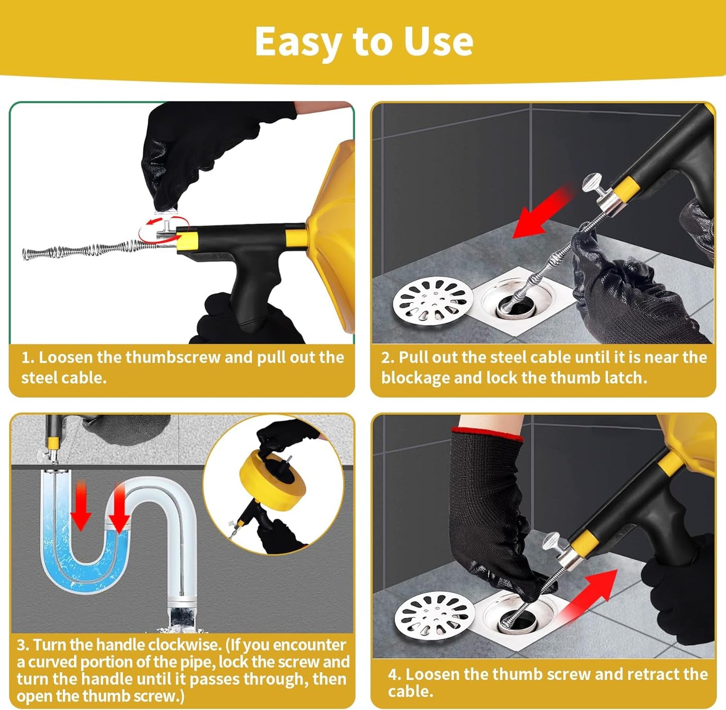 Drain Snake 50 Ft, Plumbing Snake for Sink with Drill Attachment, Snake Drain Clog Remover for Shower Drain and Sink, Manual or Powered Use, Comes with Gloves and Storage Bag, 1/4 Inch, Yellow