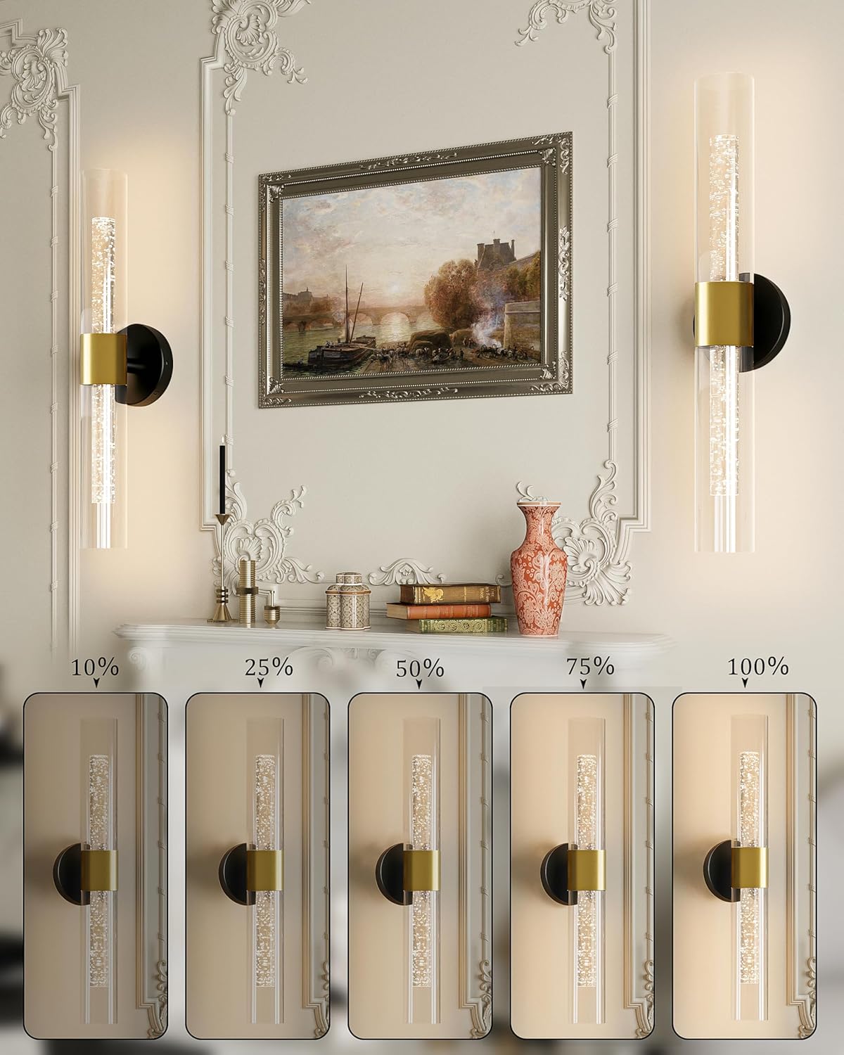10000mAh Battery Operated Wall Sconce Set of 2, Rechargeable Wireless Wall Lights with Remote Control, Dimmable Timer 3 Color Temperature Glass Wall Lamp for Living Room Bedroom Gold 21.5 Inch