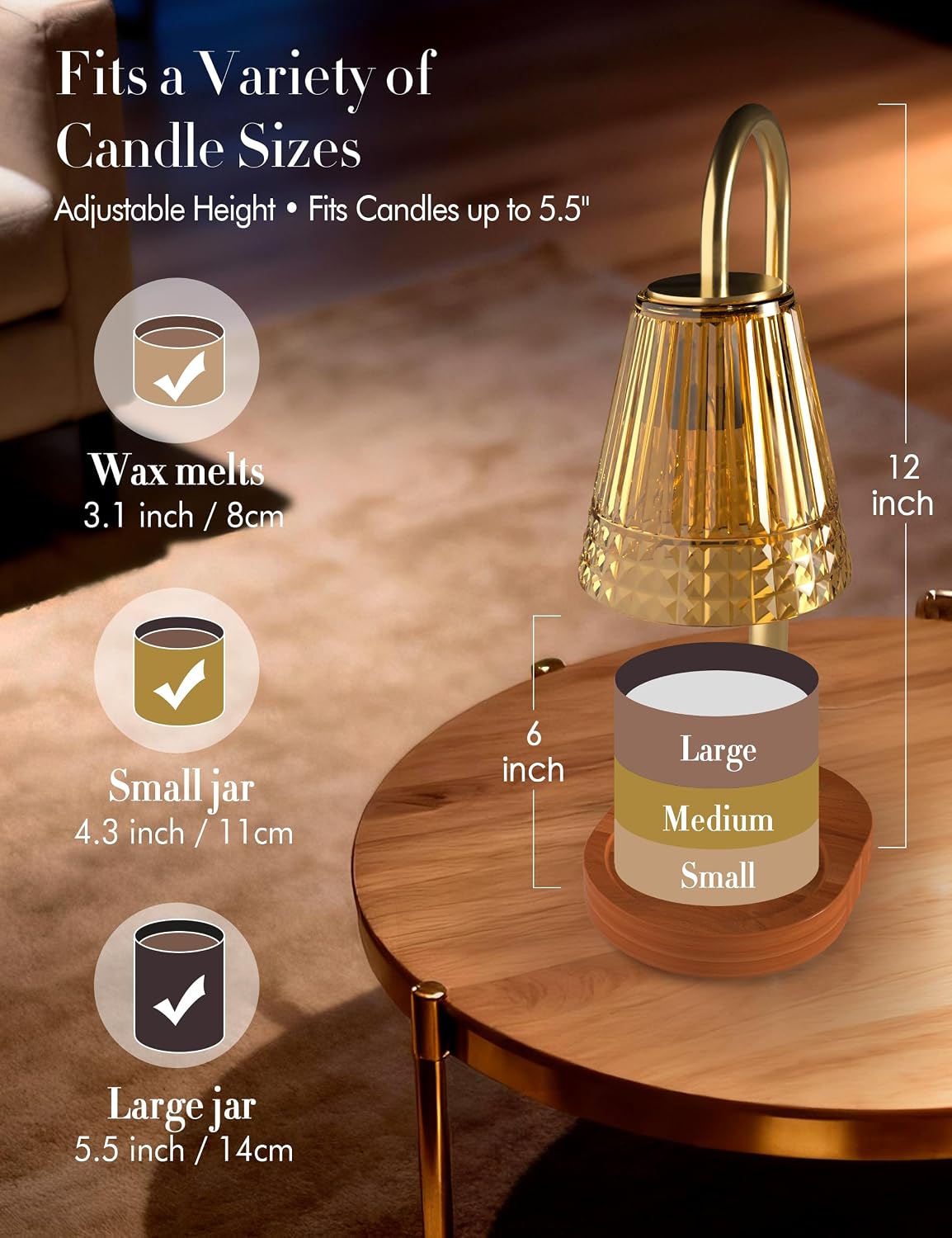Candle Warmer Lamp with Timer Dimmer: Height Adjustable Wax Melt Warmer for Scented Jar Candles with 2 Bulbs, Christmas Birthday Gifts for Women Mom, House Warming Gifts New Home Room Decor (Gold)