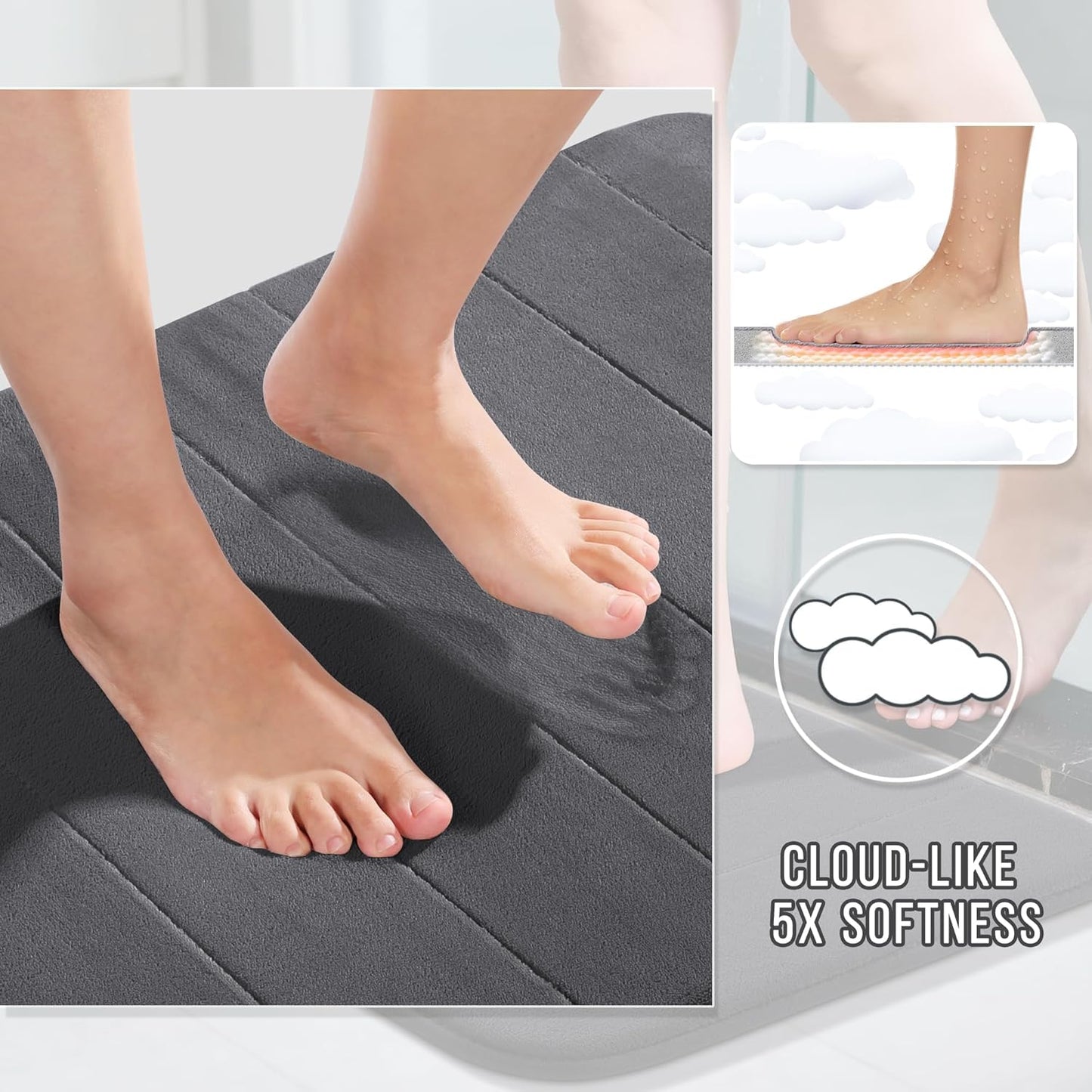 Yimobra Memory Foam Bath Mat, Super Soft Absorbent Bathroom Rug Non Slip, Quick Dry, Machine Washable Floor Carpet for Tub Shower, Home Decor Accessories, 24x17, Grey
