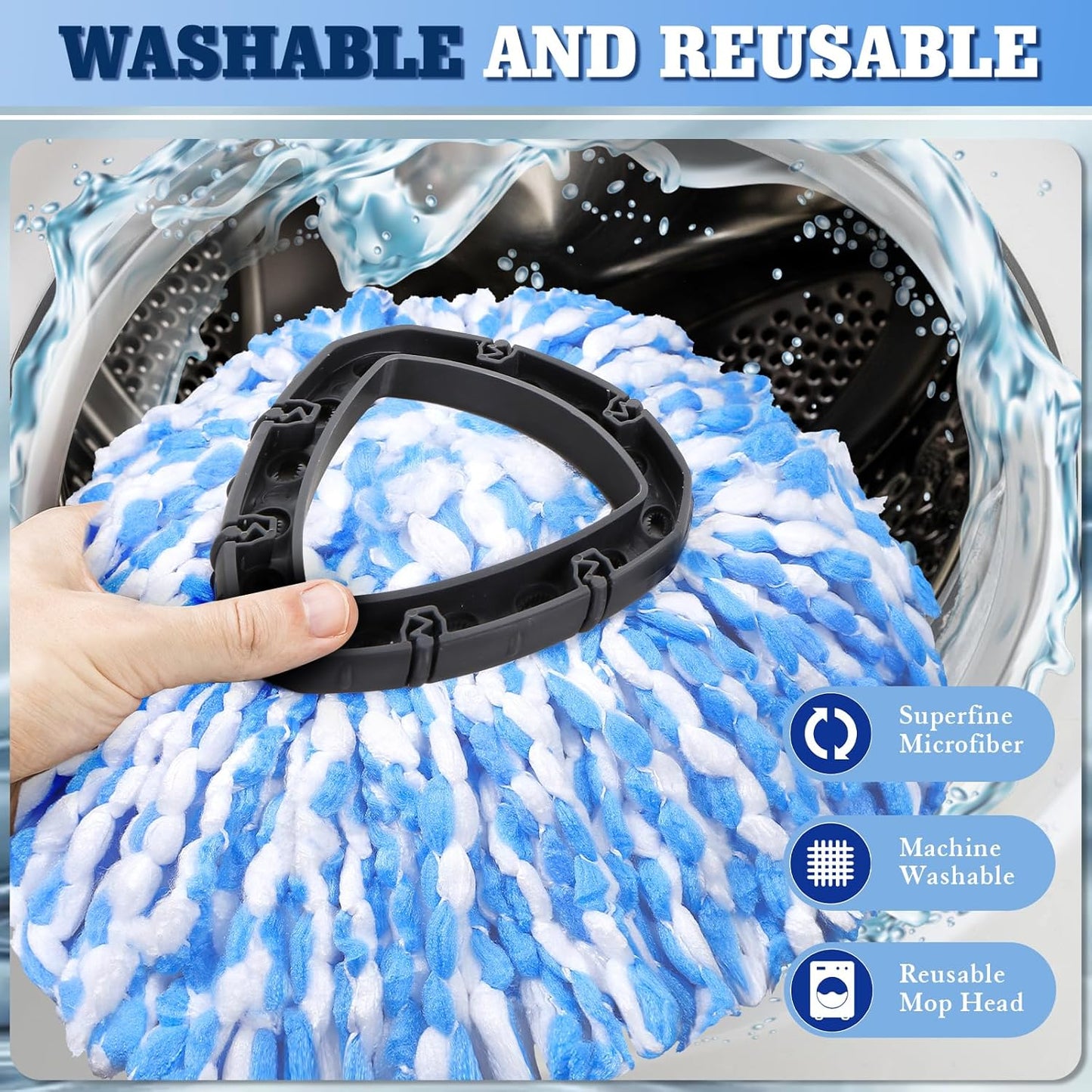 Spin Mop Head Refills Compatible with OCedar RinseClean 2-Tank System - 6-in-1 Kit Includes 4 Microfiber Replacement Heads, 1 Mop Base & 1 Scrub Brush - Machine Washable Floor Cleaning Set