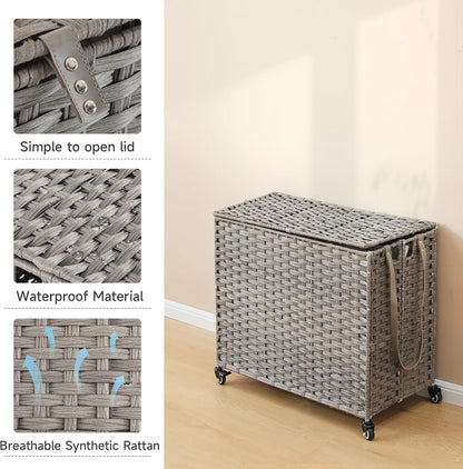 Laundry Hamper with Wheels, 52.8 Gallon(200L) Rolling Laundry Basket with Lid, Removable Large 3 Color Liners & 3 Mesh Laundry Bags, Clothes Hamper with Side Pocket, Natural