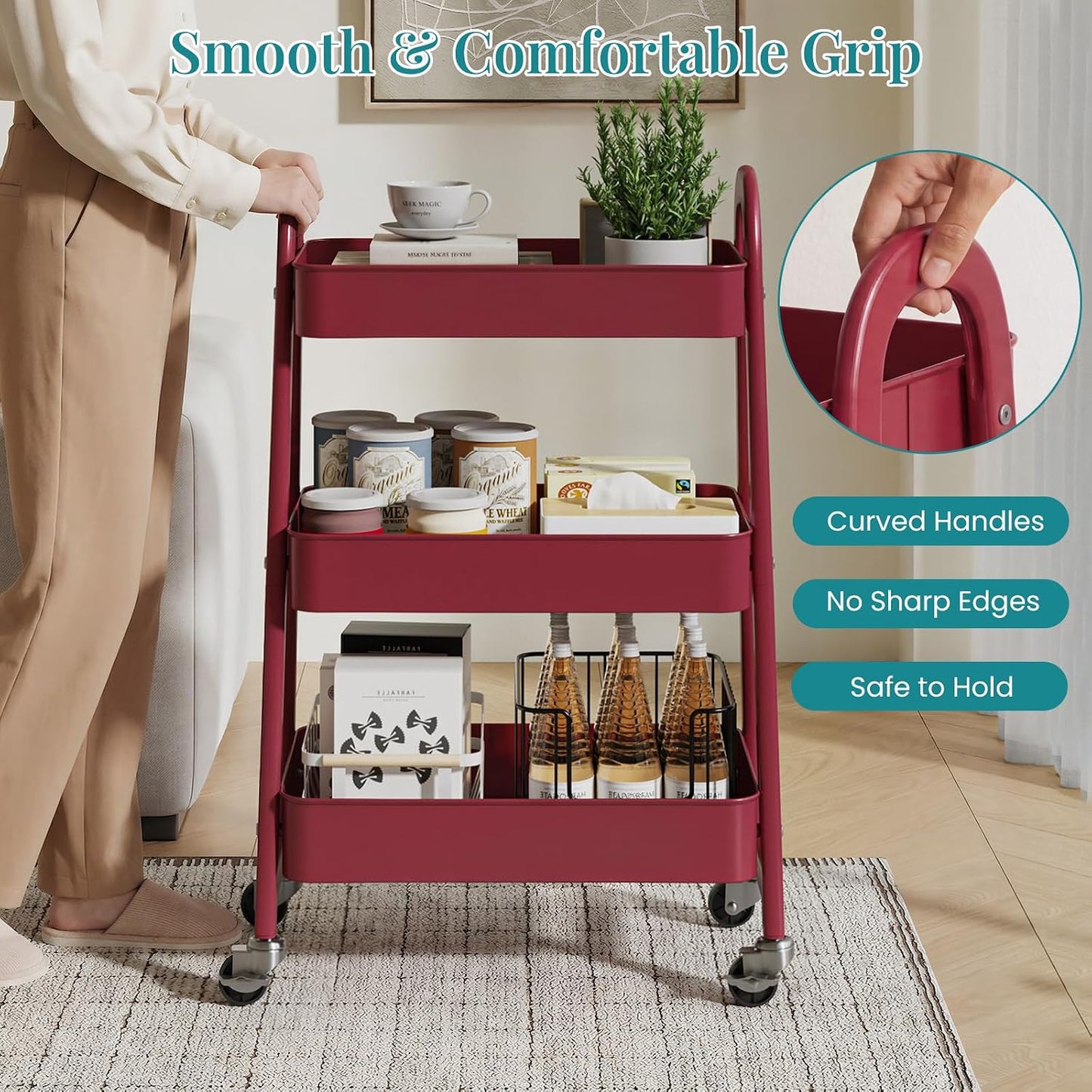 OLIXIS Metal 4 Tiers Utility Rolling Cart, Mobile Storage Shelf with Lockable Caster Wheels, Organization for Livingroom, Bathroom, Kitchen, & Narrow Places, 4-Tier Green
