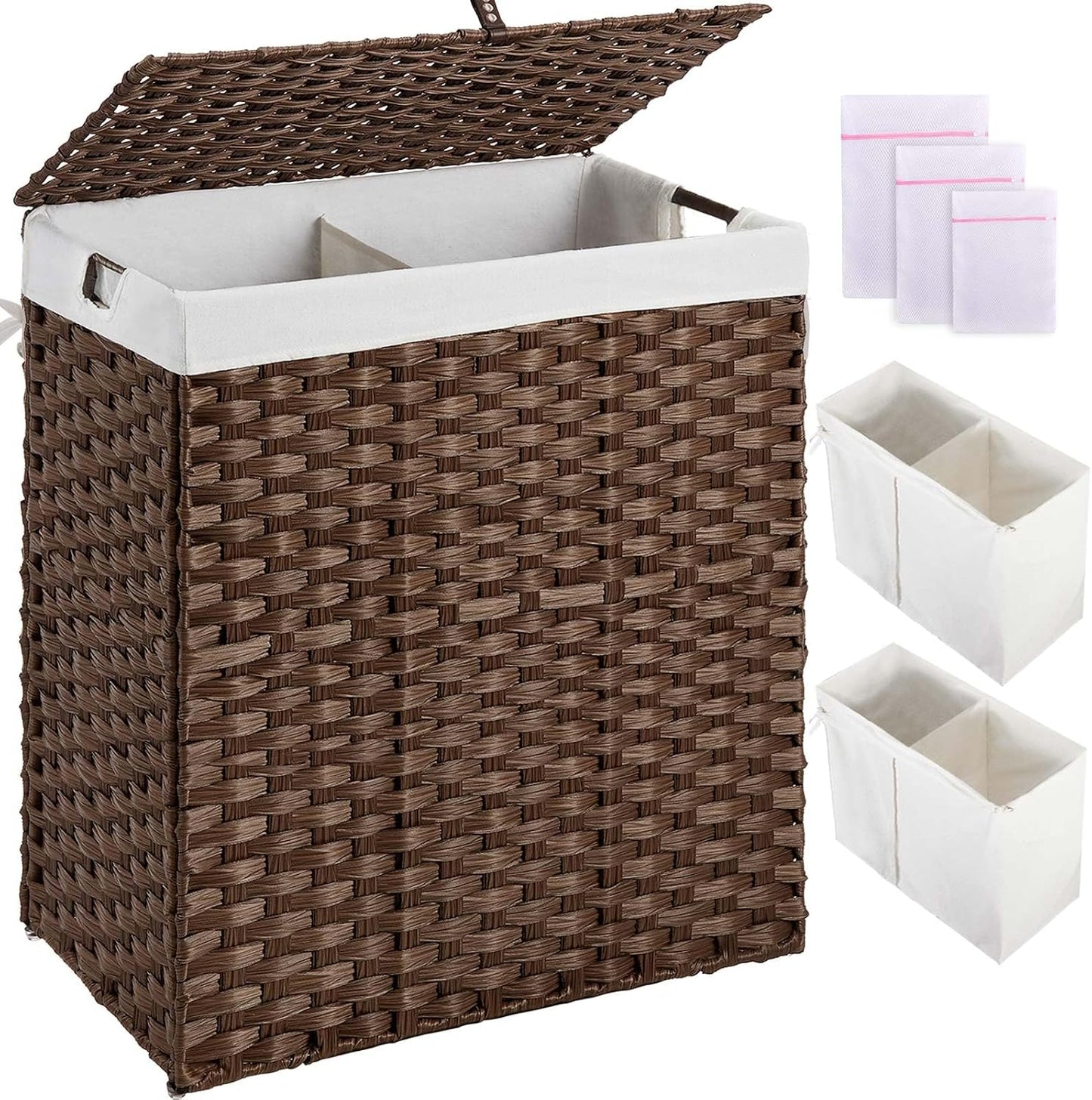 Greenstell Laundry Hamper with 2 Removable Liner Bags, Foldable Divided Clothes Hamper, 90L Handwoven Rattan Laundry Basket with Lid and Handles, No Assembly Needed, 18.3x13.3x24 Inches, Black